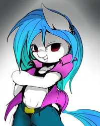 Size: 619x778 | Tagged: safe, artist:skippy_the_moon, derpibooru import, vinyl scratch, semi-anthro, belly button, clothes, pixiv, solo