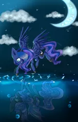 Size: 1024x1600 | Tagged: artist:missmagicalwolf, cloud, cloudy, derpibooru import, duality, flying, moon, night, nightmare moon, princess luna, reflection, safe, solo, water