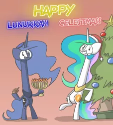 Size: 2000x2200 | Tagged: safe, artist:switchy, derpibooru import, princess celestia, princess luna, pony, ask celestia stuff, bipedal, christmas tree, dreidel, hat, judaism, long neck, menorah, neck pony, santa hat, tree