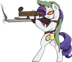 Size: 963x829 | Tagged: safe, derpibooru import, rarity, pony, unicorn, alternate cutie mark, bipedal, crossover, female, gun, hooves, horn, jar, jarate, mare, optical sight, parody, pee in container, rifle, smoke, sniper, sniper rifle, solo, sunglasses, team fortress 2, urine, weapon