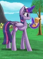 Size: 2181x3000 | Tagged: safe, artist:artyjoyful, derpibooru import, twilight sparkle, twilight sparkle (alicorn), alicorn, pony, dear princess celestia, female, grass, letter, magic, mare, ponyville, solo, telekinesis