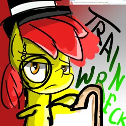 Size: 1000x1000 | Tagged: apple bloom, artist:train wreck, cane, commission, derpibooru import, hat, like a sir, monocle, request, safe, solo, top hat
