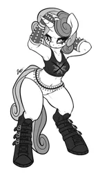 Size: 3000x5268 | Tagged: dead source, source needed, suggestive, artist:zajice, derpibooru import, sweetie belle, anthro, unguligrade anthro, unicorn, absurd resolution, armpits, belt, boots, bracer, breasts, bullet, bullet belt, clothes, female, fingerless gloves, gloves, makeup, metal, metal belle, monochrome, older, panties, shoes, smiling, solo, solo female, spiked bracers, spikes, tanktop, underwear