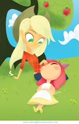 Size: 707x1110 | Tagged: safe, artist:ilianagatto, derpibooru import, apple bloom, applejack, equestria girls, boop, clothes, cute, dress, eyes closed, humanized, smiling, snuggling, sweet apple acres