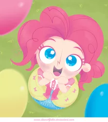 Size: 838x942 | Tagged: safe, artist:ilianagatto, derpibooru import, pinkie pie, equestria girls, balloon, clothes, dress, humanized, perspective, solo, younger