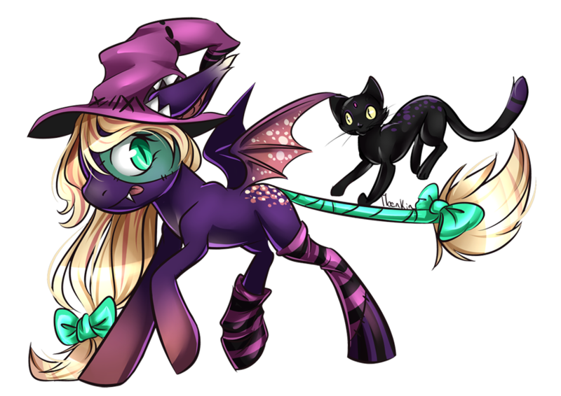 Size: 1000x707 | Tagged: safe, artist:moenkin, derpibooru import, oc, oc:nekro, oc:stitchy, unofficial characters only, bat pony, cat, pony, bow, clothes, hat, simple background, socks, striped socks, tongue out, transparent background, witch