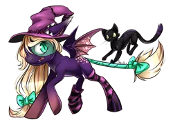 Size: 1000x707 | Tagged: safe, artist:moenkin, derpibooru import, oc, oc:nekro, oc:stitchy, unofficial characters only, bat pony, cat, pony, bow, clothes, hat, simple background, socks, striped socks, tongue out, transparent background, witch