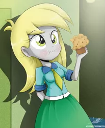 Size: 1784x2162 | Tagged: safe, artist:the-butch-x, derpibooru import, derpy hooves, equestria girls, clothes, female, green skirt, muffin, necktie, signature, skirt, solo, wavy mouth