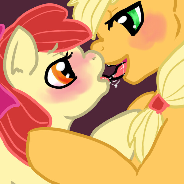 Size: 1000x1000 | Tagged: age difference, apple bloom, applecest, applejack, artist:whale, bloomjack, drool, drool string, female, foalcon, french kiss, incest, kissing, lesbian, mare on filly, shipping, suggestive