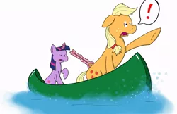 Size: 1055x684 | Tagged: applejack, artist:cardboardpony, boat, canoe, derpibooru import, exclamation point, paddle, safe, twilight sparkle, water