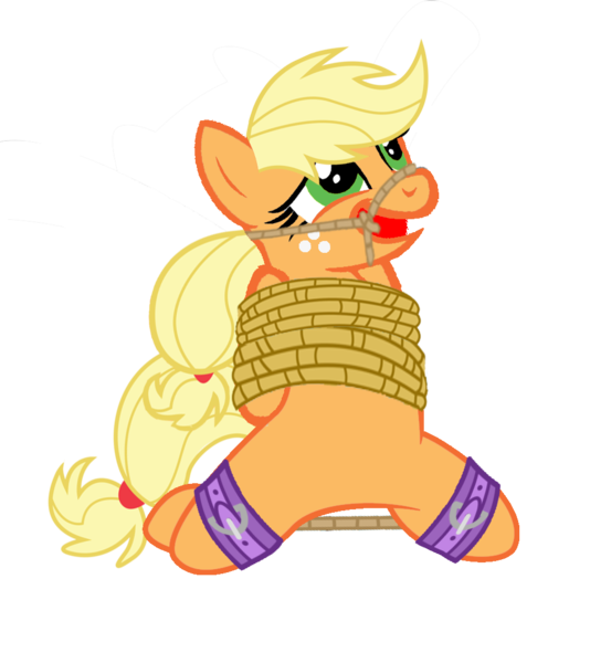 Size: 945x1062 | Tagged: applejack, artist:soupcanz, bondage, cuffs, derpibooru import, gag, questionable, rope, solo, tied up