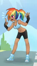 Size: 400x700 | Tagged: artist:rikitikitavi-tyan, belly button, clothes, converse, dark skin, derpibooru import, exercise, human, humanized, midriff, rainbow dash, running, safe, shoes, shorts, sneakers, sports bra