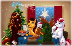 Size: 1024x662 | Tagged: safe, artist:honeykitten, derpibooru import, oc, oc:evergreen, oc:gingersnap, oc:peppermint rock, oc:saffran, oc:spicy glow, unofficial characters only, dragon, earth pony, pegasus, pony, twinkle eyed pony, unicorn, candy, christmas, christmas tree, hearth's warming eve, tree