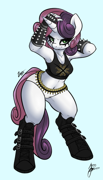 Size: 583x1024 | Tagged: anthro, armpits, artist:stingray970, artist:zajice, belly button, boots, breasts, bullet belt, clothes, derpibooru import, female, gloves, kvlt, metal belle, panties, solo, solo female, spikes, sports bra, suggestive, sweetie belle, tanktop, underwear, unguligrade anthro, white underwear