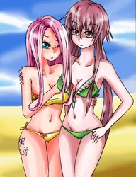 Size: 2503x3255 | Tagged: armpits, artist:manhunterj, beach, bikini, breasts, clothes, crossover, derpibooru import, fluttershy, human, humanized, mirai nikki, suggestive, swimsuit, yuno gasai