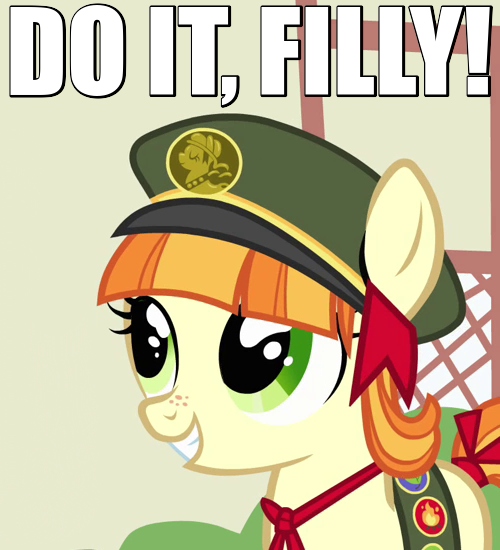 Size: 500x550 | Tagged: bow, caption, clothes, cute, do it filly, edit, edited screencap, filly, filly guides, freckles, hat, image macro, just for sidekicks, meme, reaction image, ribbon, safe, screencap, smiling, solo, tag-a-long, uniform
