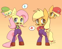 Size: 1280x1024 | Tagged: safe, artist:joycall6, derpibooru import, applejack, fluttershy, pony, adult, baby luigi, baby mario, bipedal, blush sticker, blushing, cosplay, crossover, filly, filly applejack, filly fluttershy, luigi, mario, mario & luigi, mario & luigi: partners in time, moustache, parody, speech bubble, super mario bros., super mushroom, sweet drops