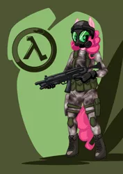 Size: 1061x1500 | Tagged: adrian shephard, anthro, artist:mysticalpha, crossover, derpibooru import, half-life, half-life: opposing force, h.e.c.u., looking at you, mp5, pinkie pie, safe, solo, trigger discipline, unguligrade anthro