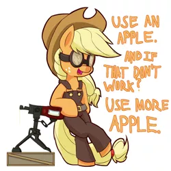 Size: 1050x1050 | Tagged: safe, artist:heir-of-rick, derpibooru import, applejack, earth pony, pony, daily apple pony, apple, bipedal, cowboy hat, crossover, engiejack, engineer, female, food, goggles, hat, mare, open mouth, parody, simple background, solo, team fortress 2, text, that pony sure does love apples, turret, white background