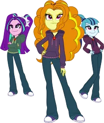 Size: 6000x7071 | Tagged: safe, artist:givralix, derpibooru import, adagio dazzle, aria blaze, sonata dusk, equestria girls, rainbow rocks, .svg available, absurd resolution, clothes, hoodie, jeans, looking up, simple background, the dazzlings, transparent background, vector