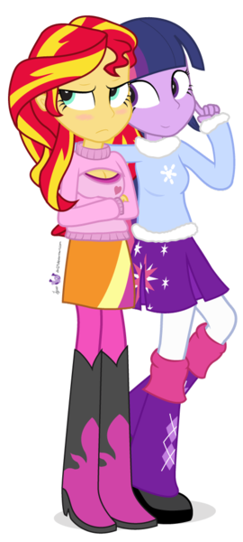 Size: 480x1068 | Tagged: safe, artist:dm29, derpibooru import, sunset shimmer, twilight sparkle, twilight sparkle (alicorn), equestria girls, boob window, breasts, cleavage, clothes, crossed arms, cute, duo, female, keyhole turtleneck, meme, open-chest sweater, shimmerbetes, simple background, sweater, transparent background, turtleneck, wintertime