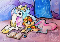 Size: 3232x2301 | Tagged: safe, artist:psychoon, derpibooru import, princess celestia, sunset shimmer, alicorn, pony, unicorn, acrylic painting, book, colored pencil drawing, cute, eye contact, female, filly, filly sunset shimmer, hoof shoes, jewelry, looking at each other, mare, markers, mixed media, open mouth, peytral, prone, quill, regalia, shimmerbetes, smiling, traditional art, younger