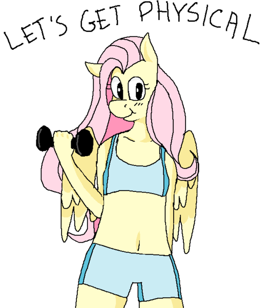 Size: 643x724 | Tagged: anthro, belly button, blushing, clothes, derpibooru import, fluttershy, midriff, safe, solo, sports bra, weight lifting, workout outfit