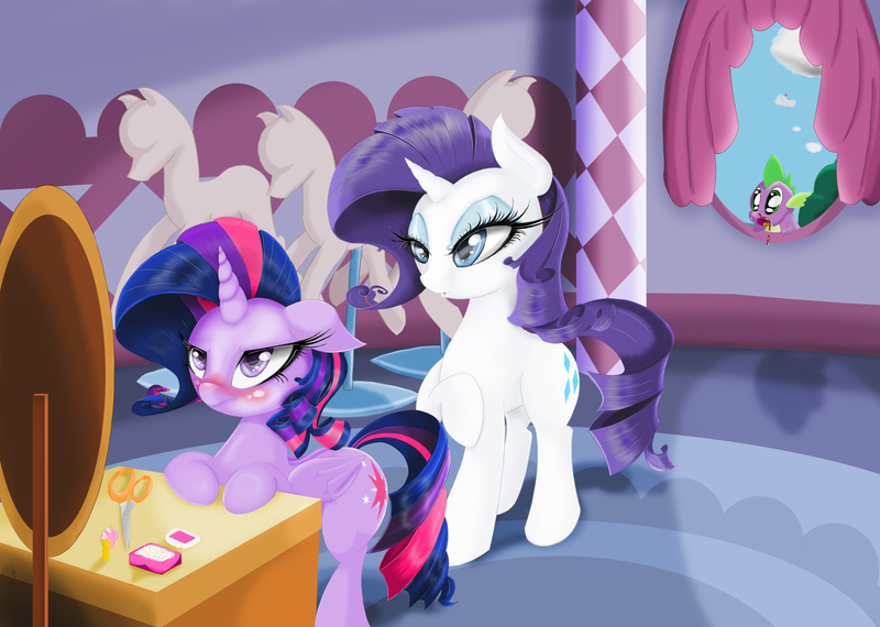 Size: 3840x2736 | Tagged: safe, artist:falco9998, derpibooru import, rainbow dash, rarity, spike, twilight sparkle, twilight sparkle (alicorn), alicorn, pony, alternate hairstyle, blood, blushing, carousel boutique, eyeshadow, female, makeup, mare, nosebleed, rarity hair, scissors, twilight is not amused, unamused