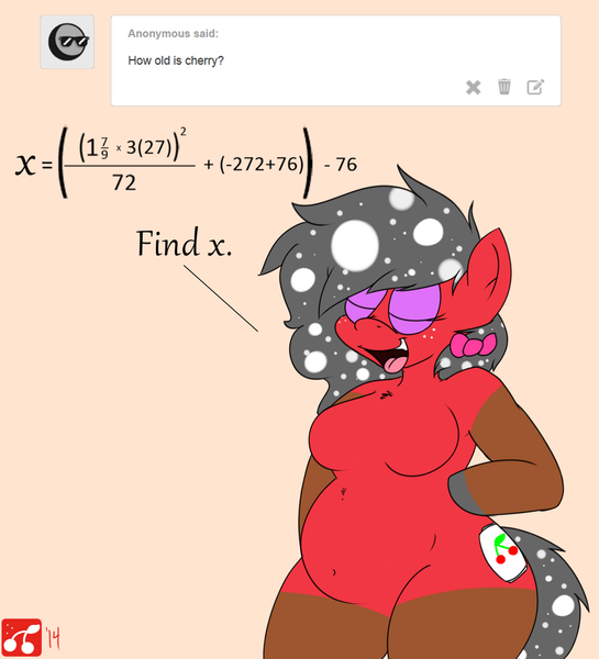 Size: 2000x2200 | Tagged: algebra, anthro, artist:thecherrysodaaskblog, ask, belly, belly button, bipedal, chubby, derpibooru import, female, hair bow, math, oc, oc:anon, oc:cherry soda, round, safe, solo, thighs, tumblr, tumblr:thecherrysodaaskblog, unofficial characters only, wide hips