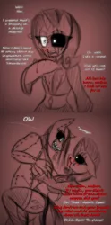 Size: 618x1248 | Tagged: grimdark, suggestive, artist:lil miss jay, derpibooru import, opalescence, anthro, demon, ask lil miss rarity, lil-miss rarity, 2 panel comic, blood, blushing, clothes, comic, doll, dress, fangs, scar, stockings, thighs, tumblr