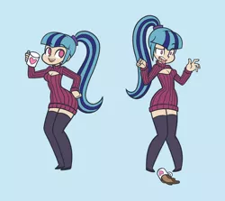 Size: 1410x1260 | Tagged: suggestive, artist:khuzang, derpibooru import, sonata dusk, human, equestria girls, breasts, clothes, coffee, female, humanized, keyhole turtleneck, open-chest sweater, ponytail, solo, solo female, stockings, sweater, turtleneck