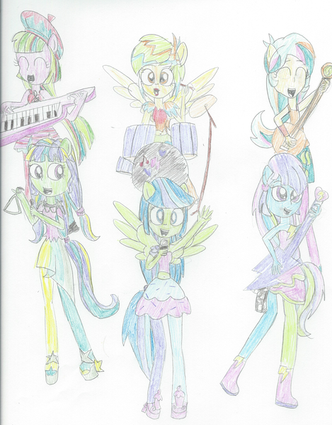 Size: 1690x2161 | Tagged: safe, artist:berrypunchrules, derpibooru import, blueberry cake, cherry crash, drama letter, mystery mint, starlight, tennis match, watermelody, equestria girls, rainbow rocks, alternate costumes, background human, band, drums, guitar, microphone, ponied up, pony ears, traditional art, wings