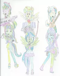 Size: 1690x2161 | Tagged: safe, artist:berrypunchrules, derpibooru import, blueberry cake, cherry crash, drama letter, mystery mint, starlight, tennis match, watermelody, equestria girls, rainbow rocks, alternate costumes, background human, band, drums, guitar, microphone, ponied up, pony ears, traditional art, wings