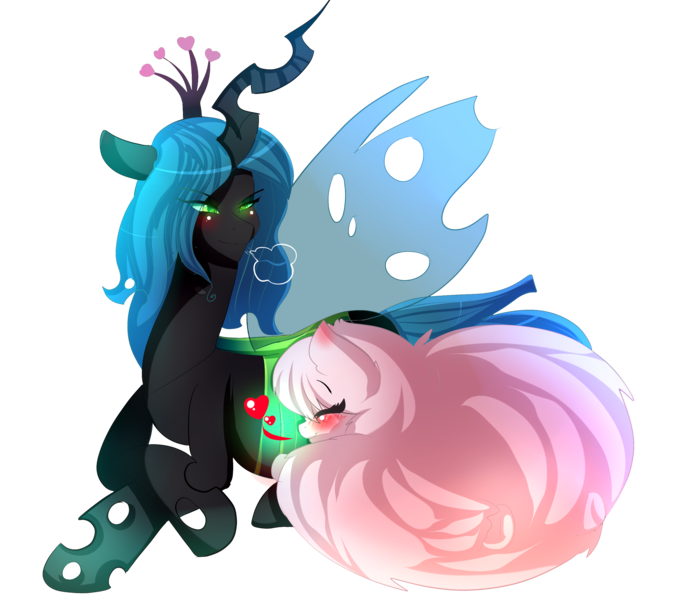 Size: 2857x2500 | Tagged: safe, artist:karsismf97, derpibooru import, queen chrysalis, oc, oc:fluffle puff, canon x oc, chrysipuff, female, heart, kissing, lesbian, pregnant, shipping