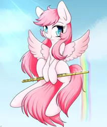 Size: 2370x2809 | Tagged: safe, artist:riouku, derpibooru import, oc, unofficial characters only, pony, crepuscular rays, cute, female, flute, flying, hoof hold, looking at you, mare, musical instrument, rainbow, smiling, solo, spread wings