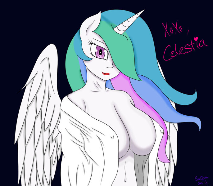 Size: 1024x896 | Tagged: alicorn, anthro, artist:lazysstorm, big breasts, breasts, busty princess celestia, cleavage, derpibooru import, erect nipples, female, human facial structure, lipstick, nipple outline, nudity, princess celestia, questionable, solo, solo female, wings