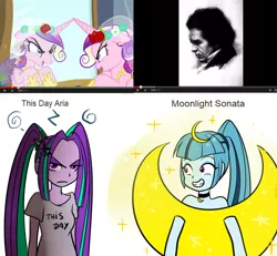 Size: 900x830 | Tagged: safe, artist:jacky-bunny, derpibooru import, aria blaze, queen chrysalis, sonata dusk, changeling, equestria girls, catasterism, disguise, disguised changeling, fake cadance, ludwig van beethoven, moon, moonlight sonata, pun, this day aria, visual pun