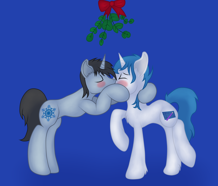 Size: 2568x2193 | Tagged: artist:frost stormwind, artist:frostyb, blushing, christmas, cute, derpibooru import, gay, kissing, male, oc, oc:frost bright, oc:frost stormwind, safe, unofficial characters only