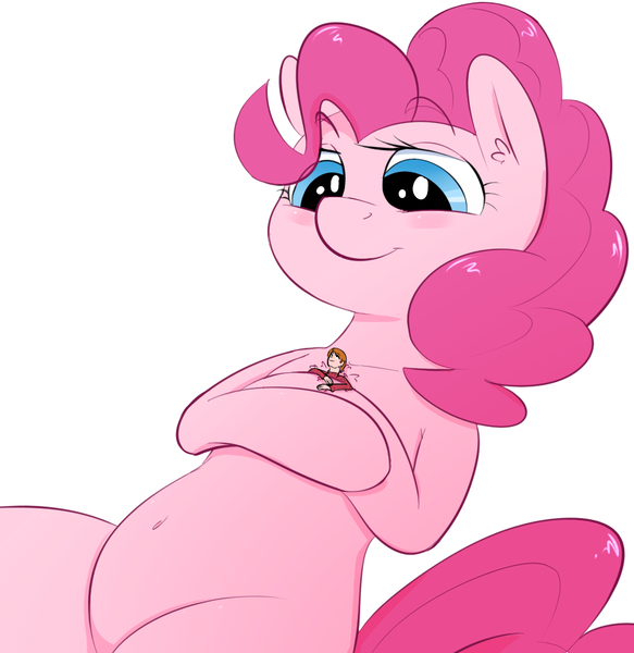 Size: 1000x1030 | Tagged: safe, artist:khorme, derpibooru import, pinkie pie, human, pony, belly, belly button, featureless crotch, giant pony, hug, hugging a pony, image, macro, micro, png, size difference