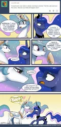 Size: 700x1460 | Tagged: safe, artist:johnjoseco, derpibooru import, princess celestia, princess luna, ask gaming princess luna, gamer luna, boop, comic, cute, cutelestia, eyes closed, raspberry, tongue out, trollestia