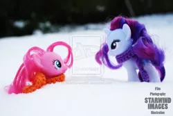 Size: 1024x683 | Tagged: safe, artist:nickstarwind89, derpibooru import, pinkie pie, rarity, clothes, irl, photo, scarf, snow, toy, watermark