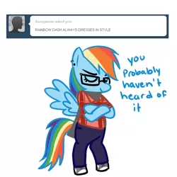 Size: 700x700 | Tagged: safe, derpibooru import, rainbow dash, pegasus, pony, semi-anthro, ask, bipedal, clothes, female, glasses, hipster, mare, simple background, solo, text, tumblr, white background