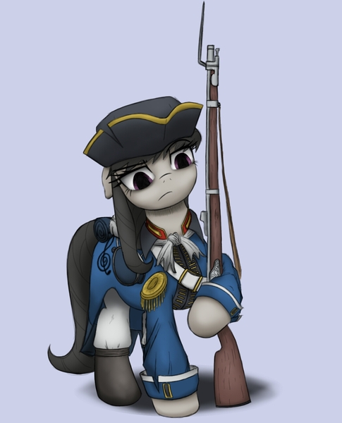 Size: 1050x1300 | Tagged: artist:anearbyanimal, clothes, hat, militia, minuteman, musket, octavia melody, safe, solo, tricorne, uniform