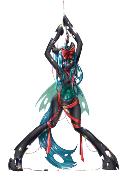 Size: 1280x1728 | Tagged: suggestive, alternate version, artist:aphexangel, artist:graphiclee, derpibooru import, queen chrysalis, changeling, changeling queen, semi-anthro, armpits, bipedal, bondage, christmas lights, collaboration, female, gift wrapped, image, png, simple background, solo, transparent background