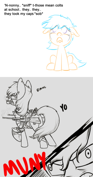 Size: 948x1807 | Tagged: artist:brisineo, crying, derp, derpibooru import, fallout equestria, floppy ears, frown, gritted teeth, gun, implied hammers, looking up, /mlp/, money, mouth hold, muny, oc, oc:muny, open mouth, raider, raised hoof, rifle, safe, sitting, unofficial characters only, weapon