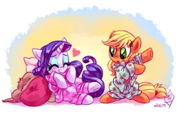 Size: 1280x853 | Tagged: safe, artist:whitediamonds, derpibooru import, applejack, rarity, earth pony, pony, unicorn, blushing, clothes, cute, eyes closed, female, freckles, hatless, heart, jackabetes, lesbian, mare, missing accessory, open mouth, pajamas, pillow, raribetes, rarijack, rarijack daily, shipping, smiling, underhoof