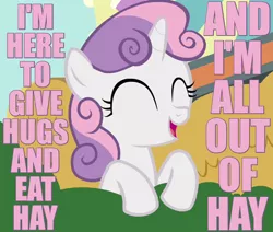 Size: 650x550 | Tagged: safe, derpibooru import, edit, screencap, sweetie belle, pony, unicorn, twilight time, caption, cute, diasweetes, eyes closed, female, filly, happy, hug, image macro, leaning, open mouth, solo, they live