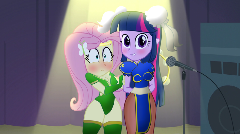 Size: 1904x1064 | Tagged: questionable, derpibooru import, edit, edited screencap, screencap, fluttershy, twilight sparkle, twilight sparkle (alicorn), equestria girls, rainbow rocks, blushing, breasts, chun li, clothes, cosplay, erect nipples, killer instinct, nipple outline, orchid, pantyhose, street fighter