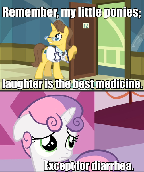 Size: 873x1044 | Tagged: caption, comic, derpibooru import, doctor horse, doctor stable, edit, edited screencap, implied diarrhea, safe, screencap, screencap comic, sweetie belle, sweetiepoo