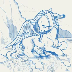 Size: 1280x1280 | Tagged: artist:spectralunicorn, barnacle, blood, crying, derpibooru import, fluttershy, monochrome, semi-grimdark, solo, underhoof, water